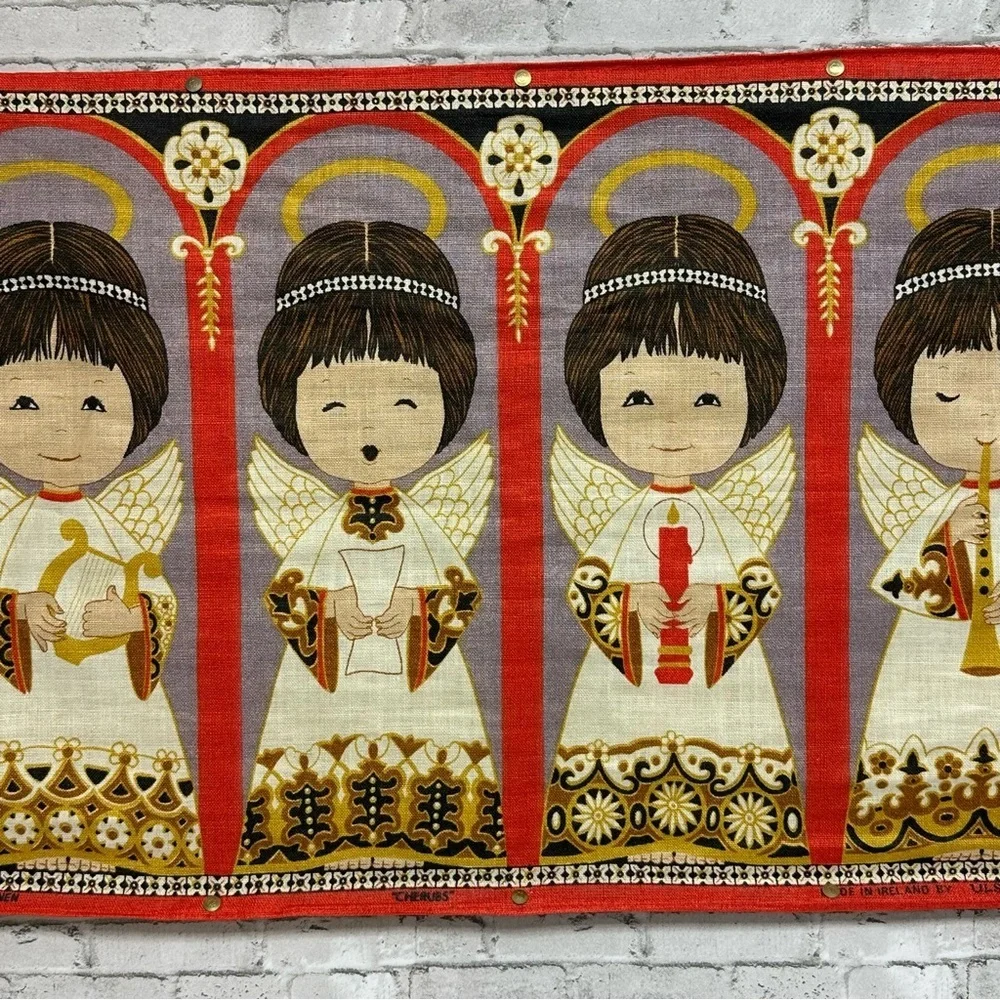 Vintage IRISH LINEN Angels Singing CHERUBS Wall Hanging Gray Tassels 30in RARE